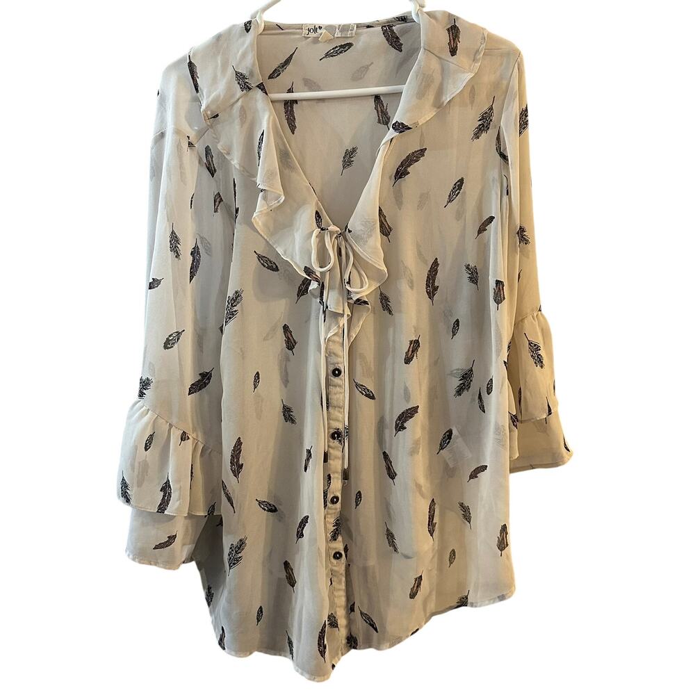 Jolt‎ Sheer Asymmetrical Flowy Feather Blouse Ruffled Collar Drawstring 3X